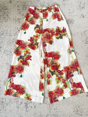 Ala Von Auersperg Red Ranunculus Floral Silk Wide Let Pants
